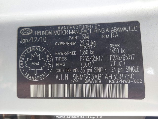 Продажа на аукционе авто 2010 Hyundai Santa Fe, vin: 5NMSG3AB1AH358750, номер лота: 12568596