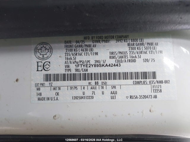 Продажа на аукционе авто 2025 Ford Transit-150 Cargo, vin: 1FTYE2Y89SKA42443, номер лота: 12568607