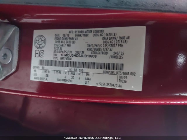 2018 Ford Escape Sel მანქანა იყიდება აუქციონზე, vin: 1FMCU0HD0JUD10938, აუქციონის ნომერი: 12568622