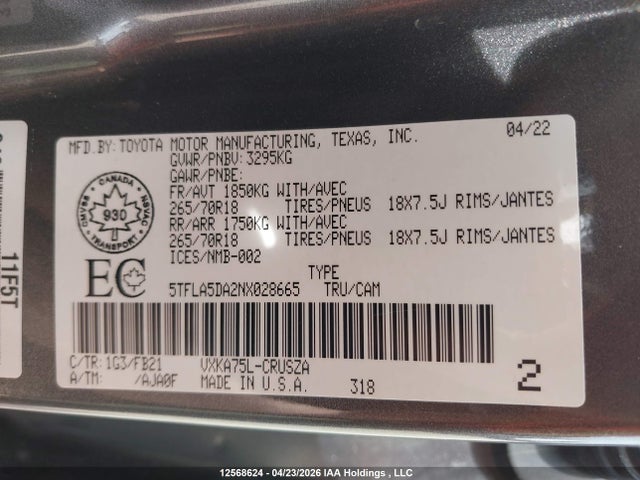 12568624 :رقم المزاد ، 5TFLA5DA2NX028665 vin ، 2022 Toyota Tundra Sr مزاد بيع