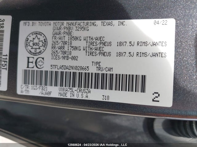 12568624 :رقم المزاد ، 5TFLA5DA2NX028665 vin ، 2022 Toyota Tundra Sr مزاد بيع