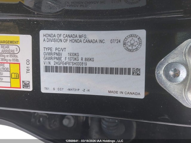 2025 Honda Civic Hybrid მანქანა იყიდება აუქციონზე, vin: 2HGFE4F87SH000819, აუქციონის ნომერი: 12568641