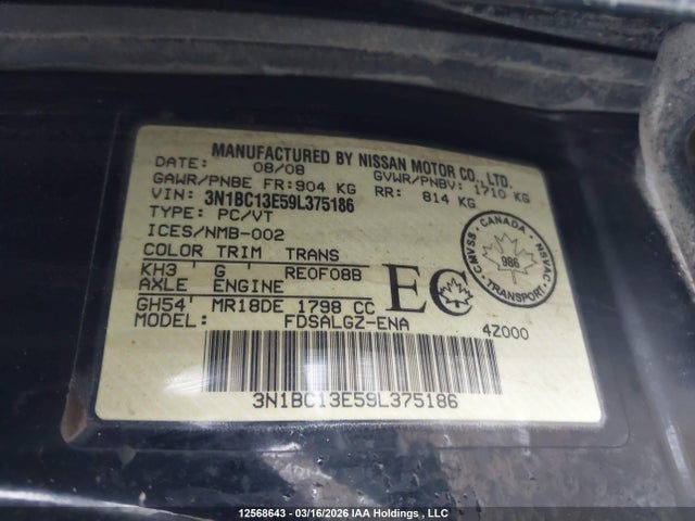 2009 Nissan Versa S/sl მანქანა იყიდება აუქციონზე, vin: 3N1BC13E59L375186, აუქციონის ნომერი: 12568643