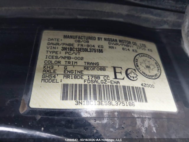 2009 Nissan Versa S/sl მანქანა იყიდება აუქციონზე, vin: 3N1BC13E59L375186, აუქციონის ნომერი: 12568643