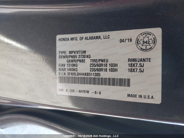 12568651 :رقم المزاد ، 5FNRL6H44KB511305 vin ، 2019 Honda Odyssey Ex مزاد بيع