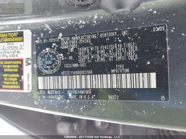 Aukcja sprzedaży 2009 Toyota Venza, vin: 4T3ZE11A99U003168, numer aukcji: 12568654