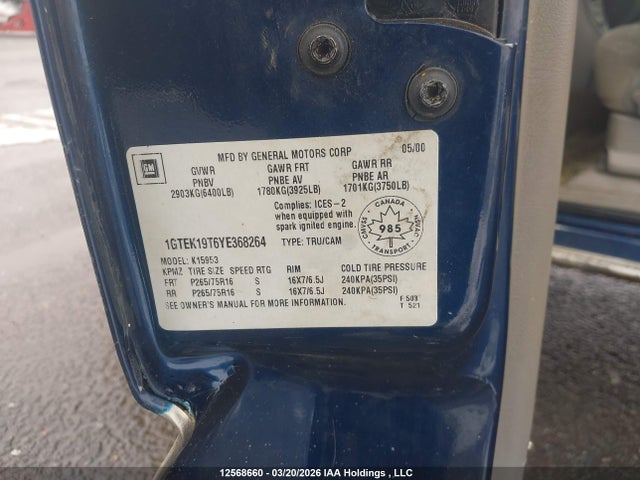 Aukcja sprzedaży 2000 Gmc New Sierra K1500, vin: 1GTEK19T6YE368264, numer aukcji: 12568660