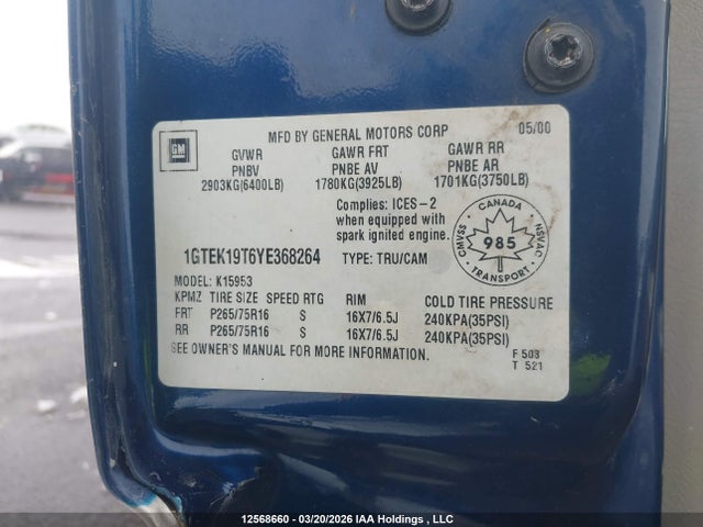 Aukcja sprzedaży 2000 Gmc New Sierra K1500, vin: 1GTEK19T6YE368264, numer aukcji: 12568660