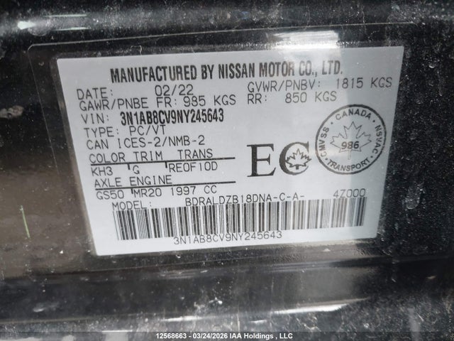 3N1AB8CV9NY245643 Nissan SENTRA SV
