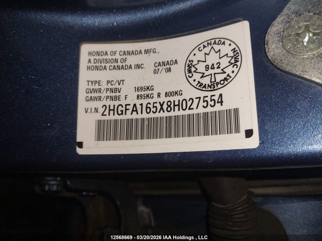 Продажа на аукционе авто 2008 Honda Civic Lx, vin: 2HGFA165X8H027554, номер лота: 12568669