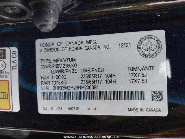 2HKRW2H29NH206094 Honda CR-V