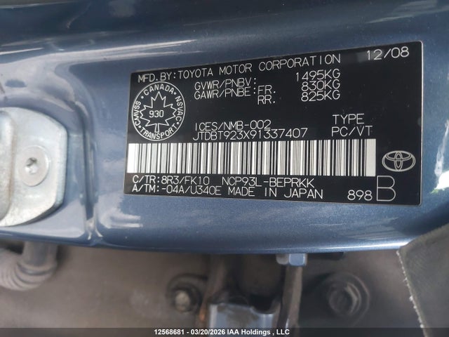 12568681 :رقم المزاد ، JTDBT923X91337407 vin ، 2009 Toyota Yaris مزاد بيع