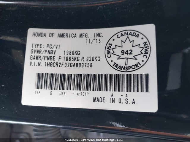 1HGCR2F02GA803758 Honda ACCORD EX