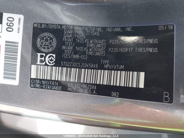 Aukcja sprzedaży 2018 Toyota Sienna 7-passenger, vin: 5TDZZ3DC5JS945849, numer aukcji: 12568692