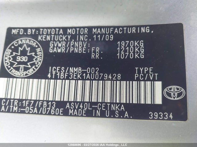12568696 :رقم المزاد ، 4T1BF3EK1AU079428 vin ، 2010 Toyota Camry Le مزاد بيع