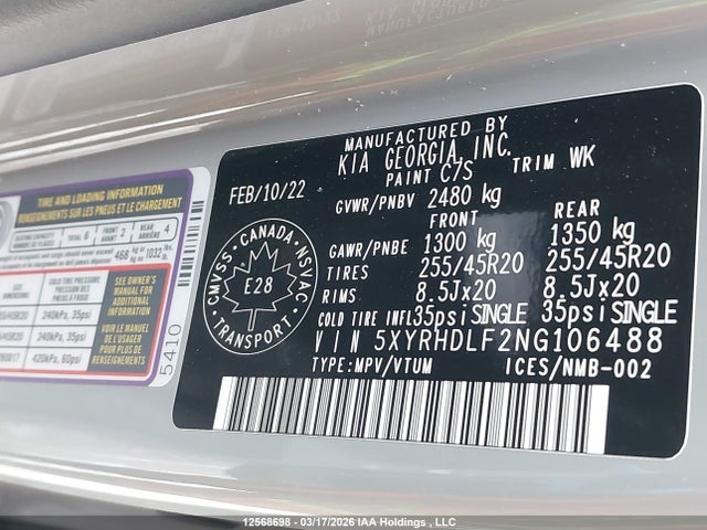 2022 Kia Sorento Ex მანქანა იყიდება აუქციონზე, vin: 5XYRHDLF2NG106488, აუქციონის ნომერი: 12568698