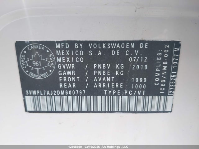 Продажа на аукционе авто 2013 Volkswagen Golf 2.0 Tdi Comfortline/2.0 Tdi Highline, vin: 3VWPL7AJ2DM600797, номер лота: 12568699