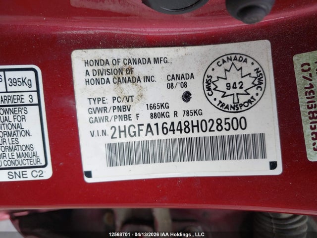 Aukcja sprzedaży 2008 Honda Civic Dx-g, vin: 2HGFA16448H028500, numer aukcji: 12568701