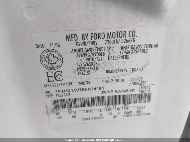 2008 Ford F-150 Fx4/lariat/xl/xlt მანქანა იყიდება აუქციონზე, vin: 1FTPX14V78FA74191, აუქციონის ნომერი: 12568703