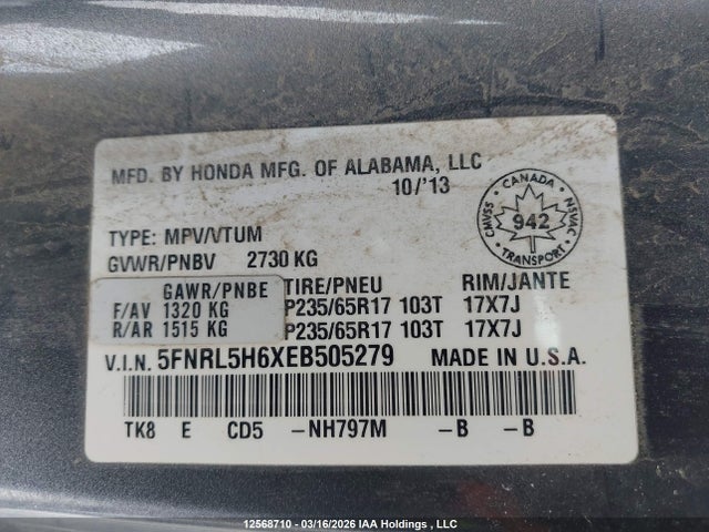 5FNRL5H6XEB505279 Honda Odyssey Ex-l