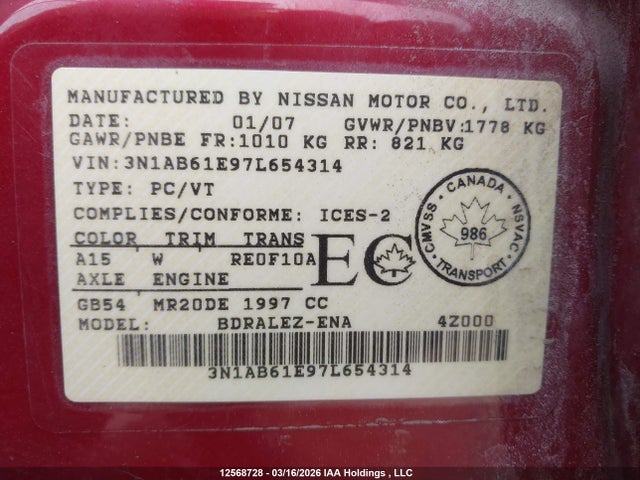 Aukcja sprzedaży 2007 Nissan Sentra, vin: 3N1AB61E97L654314, numer aukcji: 12568728