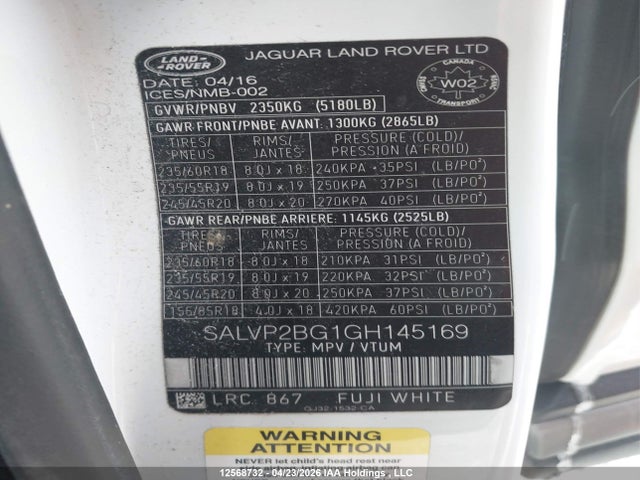 SALVP2BG1GH145169 Land Rover Range Rover Evoque Se
