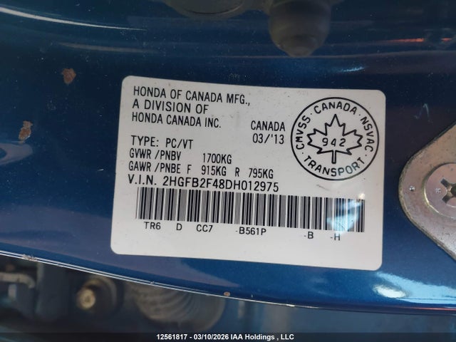 Продаж на аукціоні авто 2013 Honda Civic Lx, vin: 2HGFB2F48DH012975, номер лоту: 12561817
