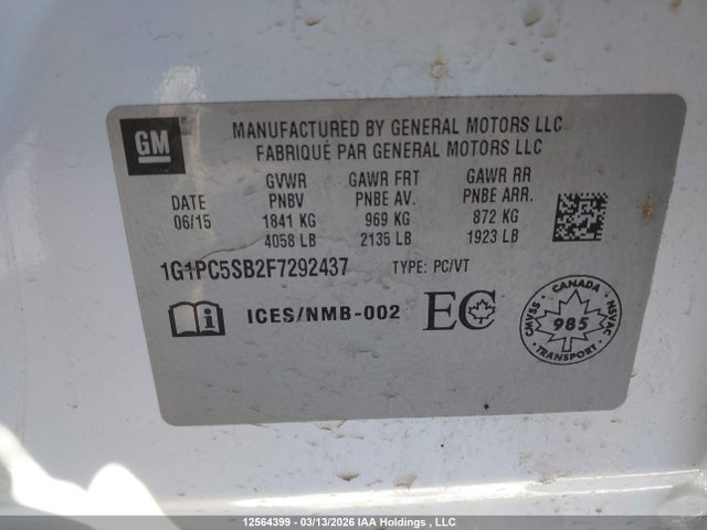 Aukcja sprzedaży 2015 Chevrolet Cruze 1lt, vin: 1G1PC5SB2F7292437, numer aukcji: 12564399