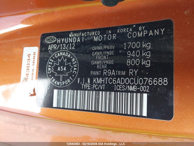 Aukcja sprzedaży 2012 Hyundai Veloster, vin: KMHTC6AD0CU076688, numer aukcji: 12543453