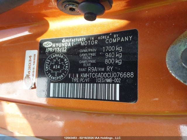 Aukcja sprzedaży 2012 Hyundai Veloster, vin: KMHTC6AD0CU076688, numer aukcji: 12543453