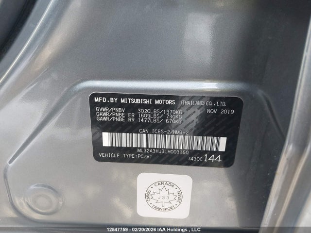 2020 Mitsubishi Mirage Es/se მანქანა იყიდება აუქციონზე, vin: ML32A3HJ3LH003150, აუქციონის ნომერი: 12547759
