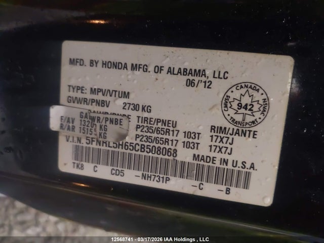 Aukcja sprzedaży 2012 Honda Odyssey Ex-l, vin: 5FNRL5H65CB508068, numer aukcji: 12568741