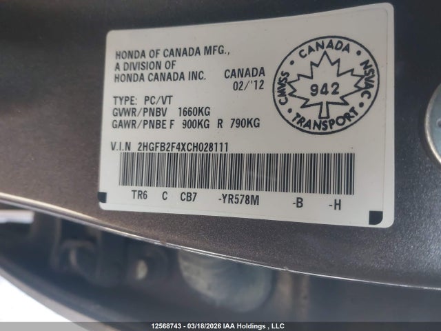 2012 Honda Civic Lx მანქანა იყიდება აუქციონზე, vin: 2HGFB2F4XCH028111, აუქციონის ნომერი: 12568743