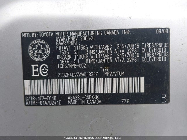 12568744 :رقم المزاد ، 2T3ZF4DV7AW018317 vin ، 2010 Toyota Rav4 مزاد بيع