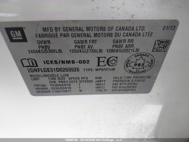 Продажа на аукционе авто 2013 Chevrolet Equinox Ltz, vin: 2GNFLGE31D6260926, номер лота: 12568745
