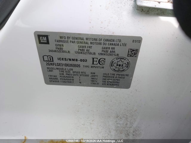 Продажа на аукционе авто 2013 Chevrolet Equinox Ltz, vin: 2GNFLGE31D6260926, номер лота: 12568745