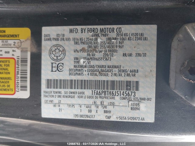 Продажа на аукционе авто 2018 Ford Mustang, vin: 1FA6P8TH6J5145673, номер лота: 12568753