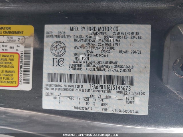 Продажа на аукционе авто 2018 Ford Mustang, vin: 1FA6P8TH6J5145673, номер лота: 12568753
