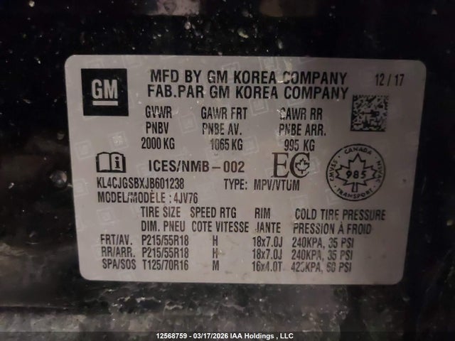 Продажа на аукционе авто 2018 Buick Encore, vin: KL4CJGSBXJB601238, номер лота: 12568759