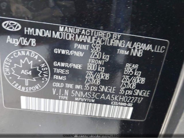 Aukcja sprzedaży 2019 Hyundai Santa Fe Preferred 2.0, vin: 5NMS3CAA5KH022717, numer aukcji: 12568762