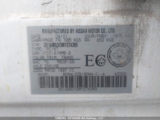 3N1AB8CV3MY274389 Nissan SENTRA SV
