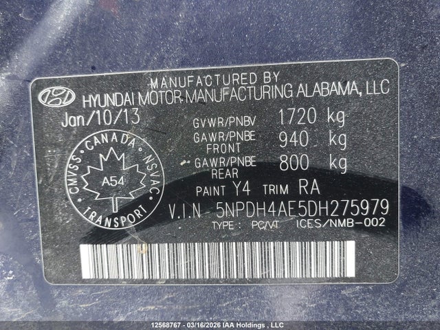 12568767 :رقم المزاد ، 5NPDH4AE5DH275979 vin ، 2013 Hyundai Elantra Gls مزاد بيع