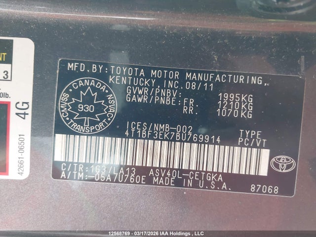 Aukcja sprzedaży 2011 Toyota Camry, vin: 4T1BF3EK7BU769914, numer aukcji: 12568769