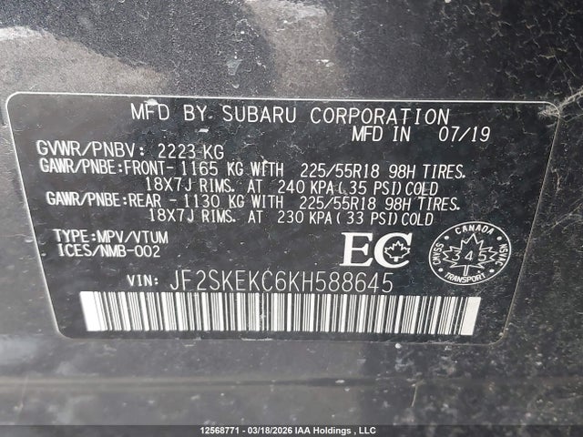 Aukcja sprzedaży 2019 Subaru Forester, vin: JF2SKEKC6KH588645, numer aukcji: 12568771