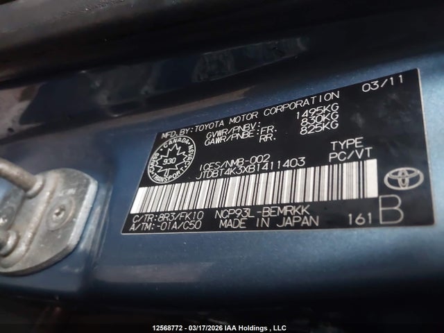 Aukcja sprzedaży 2011 Toyota Yaris, vin: JTDBT4K3XB1411403, numer aukcji: 12568772