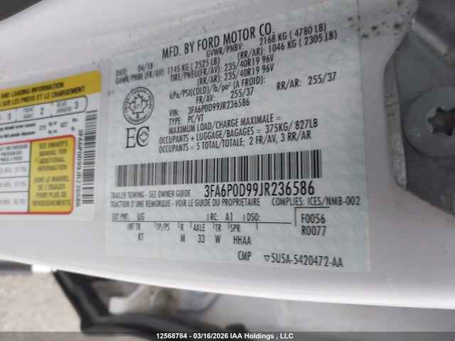 Продаж на аукціоні авто 2018 Ford Fusion Titanium/platinum, vin: 3FA6P0D99JR236586, номер лоту: 12568784