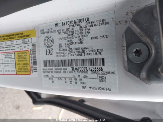 Продаж на аукціоні авто 2018 Ford Fusion Titanium/platinum, vin: 3FA6P0D99JR236586, номер лоту: 12568784