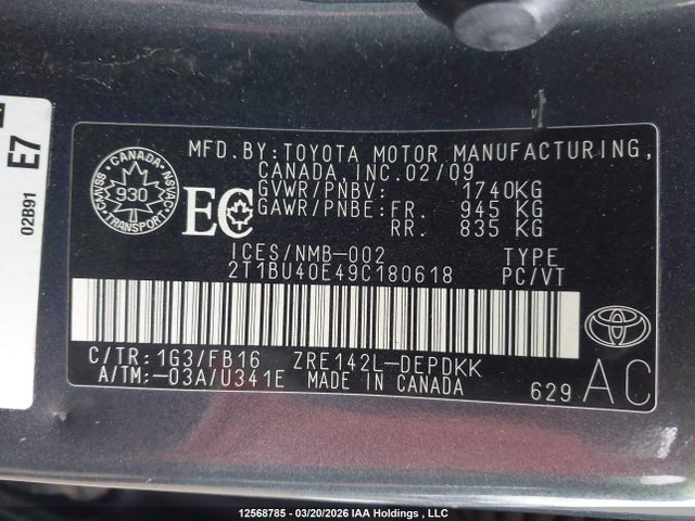 2009 Toyota Corolla Ce მანქანა იყიდება აუქციონზე, vin: 2T1BU40E49C180618, აუქციონის ნომერი: 12568785