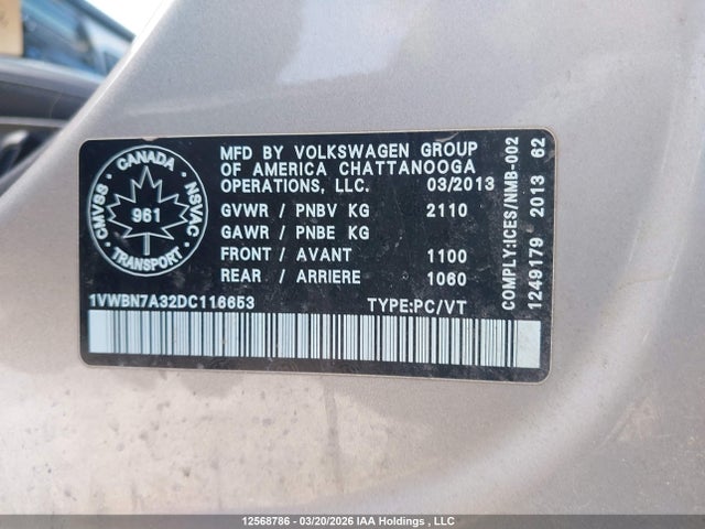Продажа на аукционе авто 2013 Volkswagen Passat 2.0 Tdi Comfortline, vin: 1VWBN7A32DC116653, номер лота: 12568786