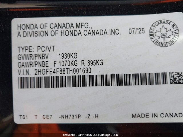 Продаж на аукціоні авто 2026 Honda Civic Sport Hybrid/sport Touring Hybrid, vin: 2HGFE4F88TH001690, номер лоту: 12568787